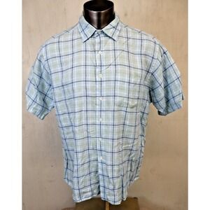Brooks Brothes Irish Linen Shirt Blue Yellow Short Sleeve Button Front Mens XL